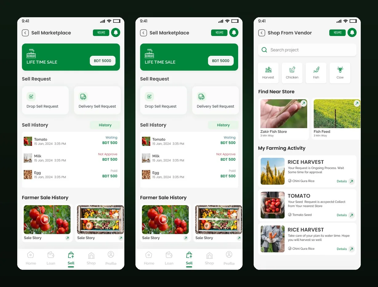 AgriVenture marketplace — sell produce, history and requests