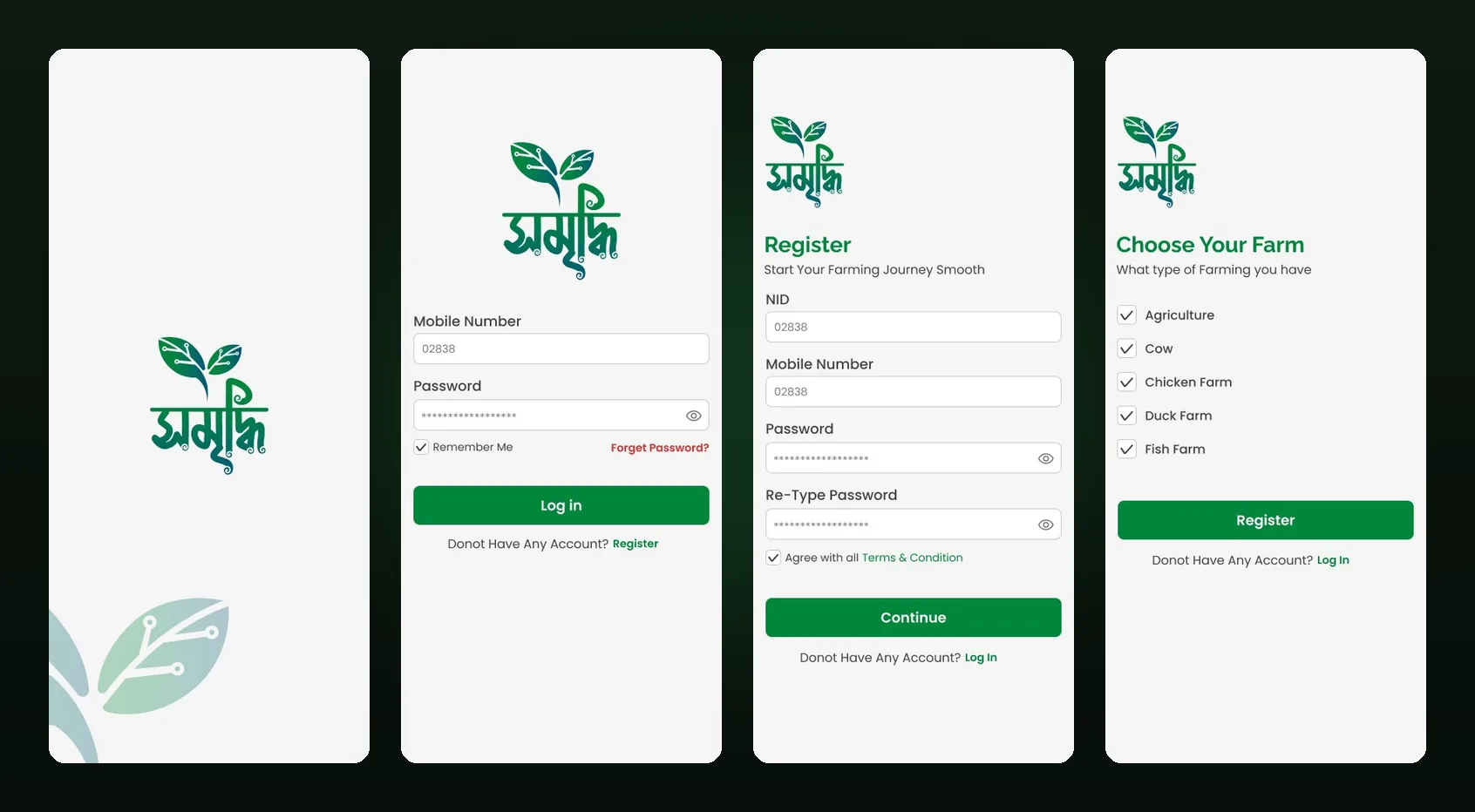 AgriVenture onboarding — splash, login, register and farm type selection