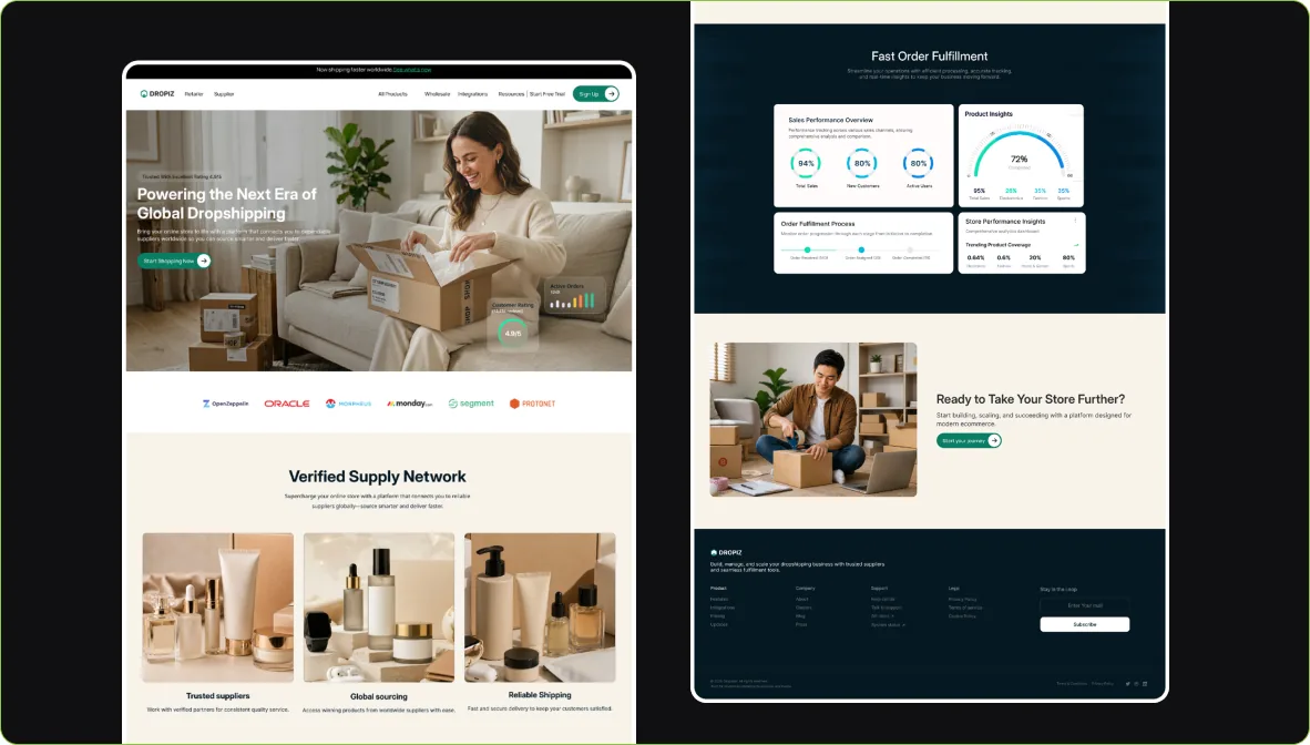 Dropiz final UI — landing pages for retailers and suppliers