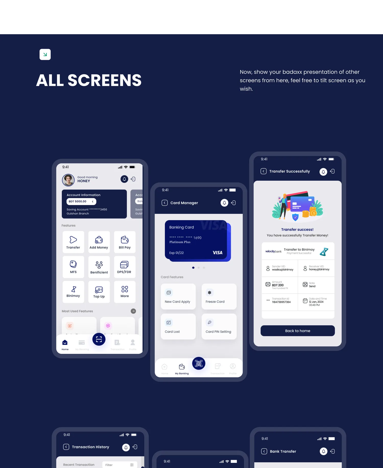Velocity Bank app screens — home, card manager, transactions and transfer success