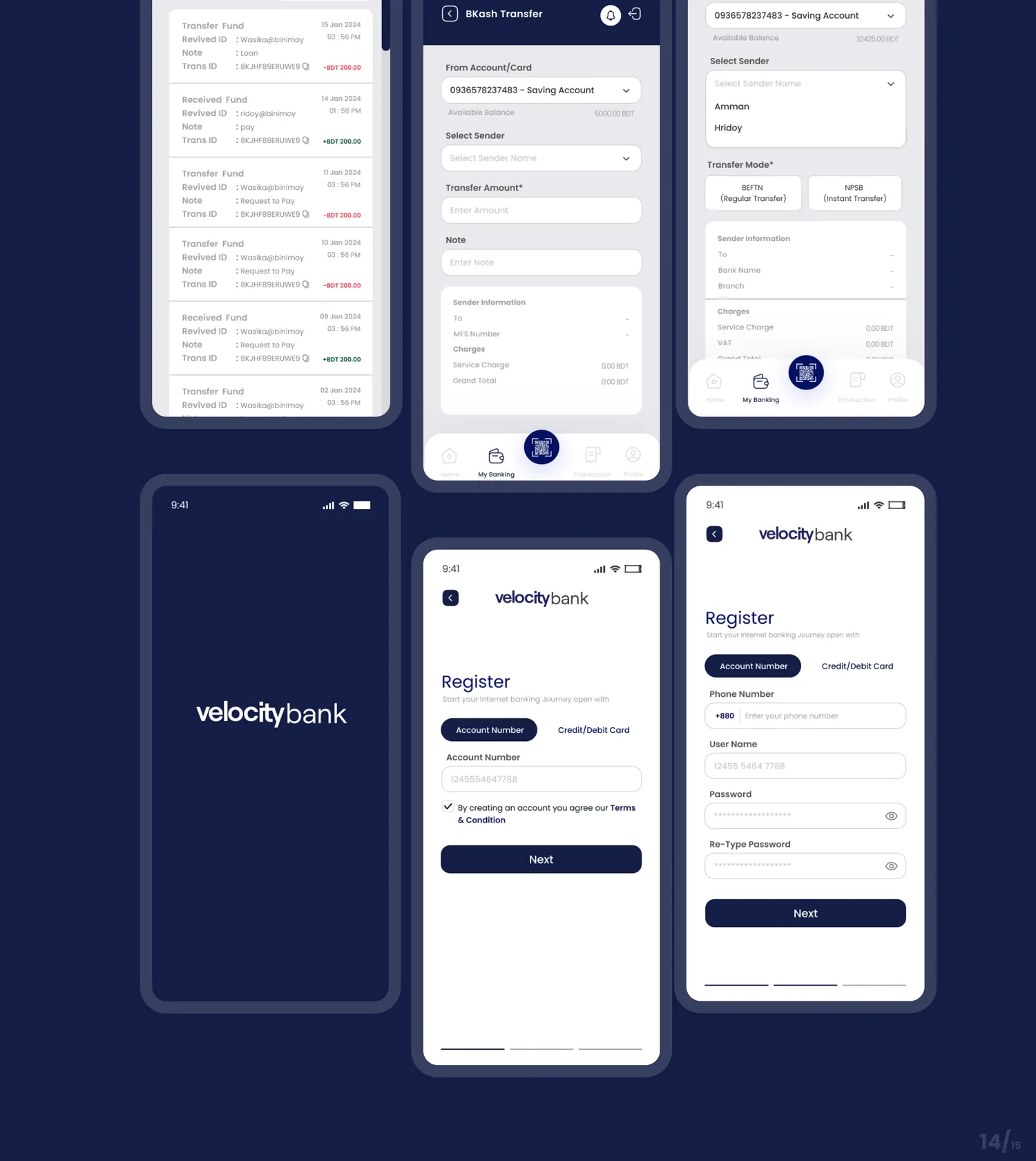 Velocity Bank UI screens — registration, transactions, card manager and transfer flows